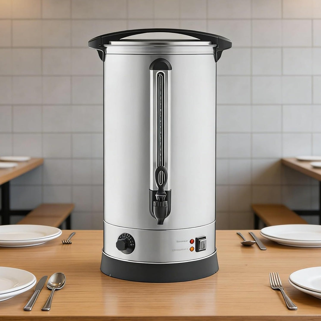 Un contenitore riscaldato per distribuire acqua con corpo in acciaio inox e con rubinetto di servizio